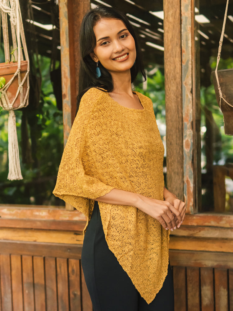 Popcorn Double Knit Poncho in Saffron - Cozy & Stylish Saffron Popcorn Poncho - Shopthatapp.ca