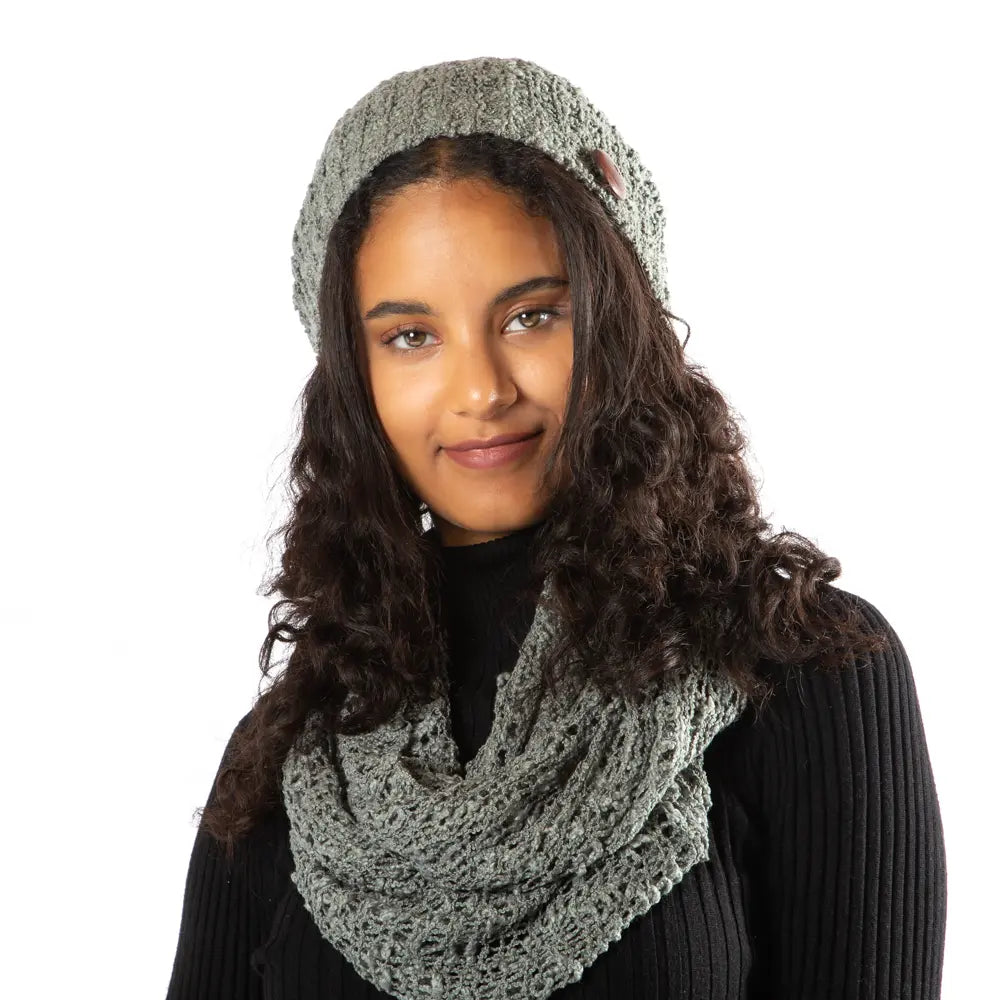 Grey popcorn knit hat with button, Suzie Blue Canada, cozy winter hat featuring textured knit and decorative button detail.