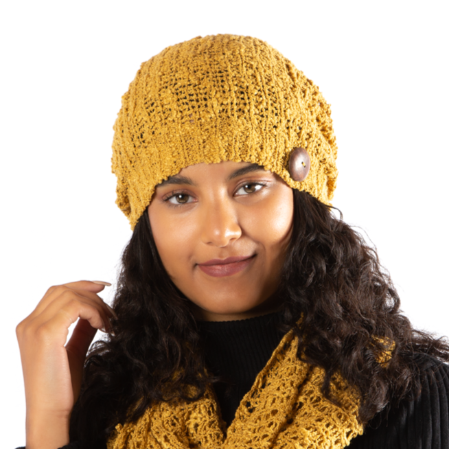 Mustard Popcorn Knit Hat With Button - Shopthatapp.ca