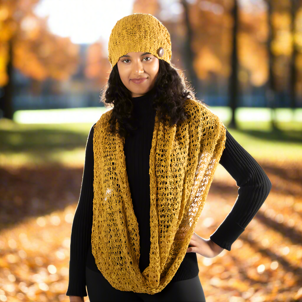 Mustard Popcorn Knit Hat With Button - Shopthatapp.ca