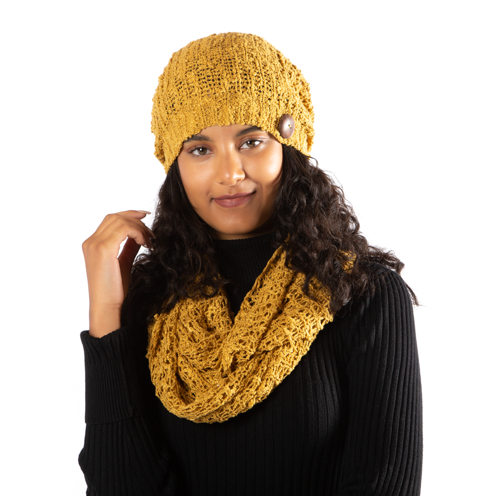 Mustard Popcorn Knit Hat With Button - Shopthatapp.ca