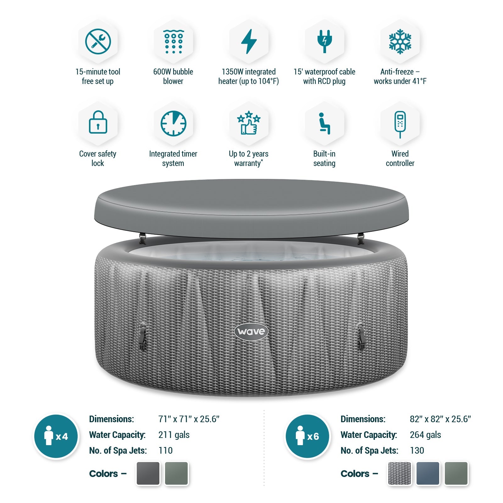 Wave | Atlantic | 4/6-Person Inflatable Hot Tub | Round | Integrated Heater - Www.Shopthatapp.ca