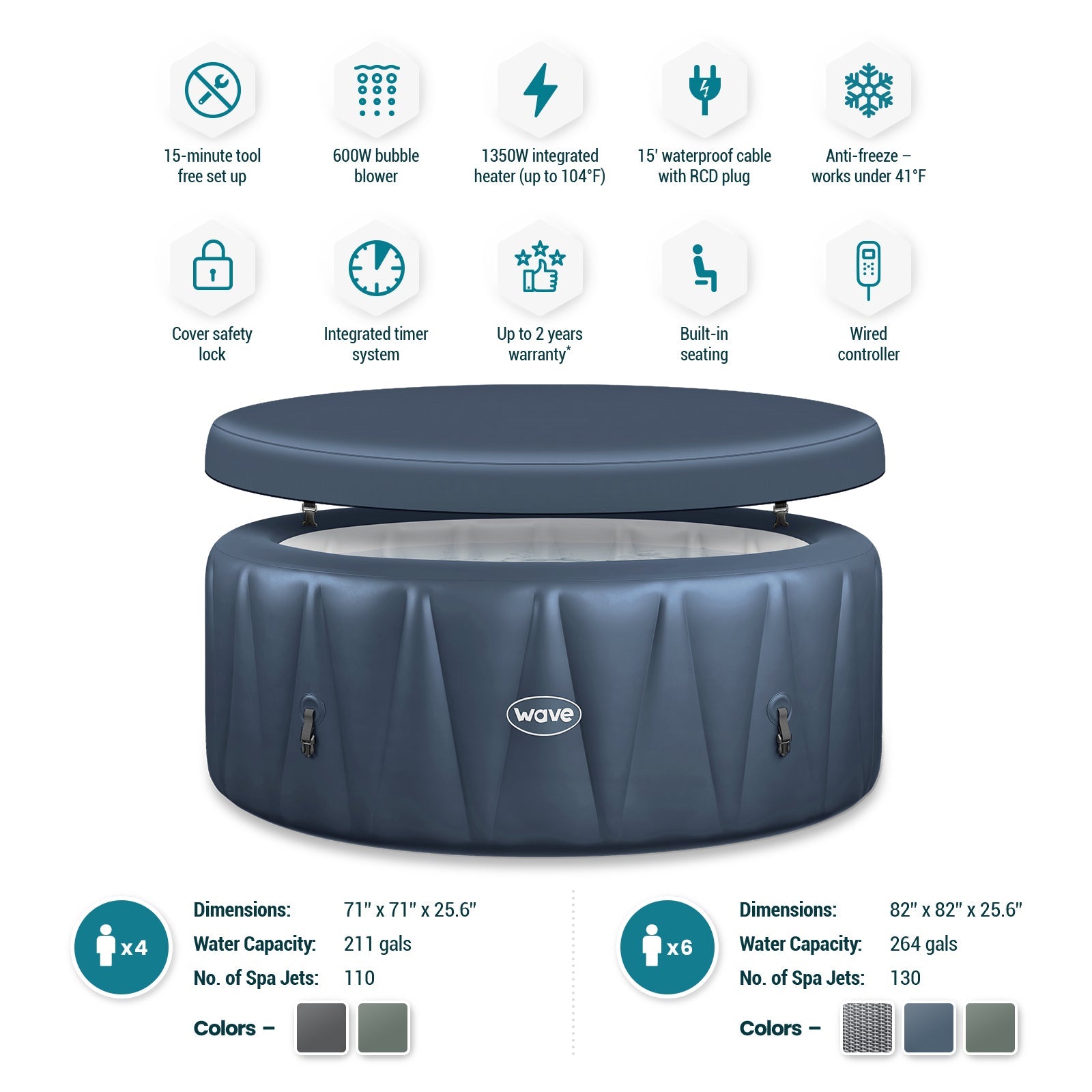 Wave | Atlantic | 4/6-Person Inflatable Hot Tub | Round | Integrated Heater - Www.Shopthatapp.ca