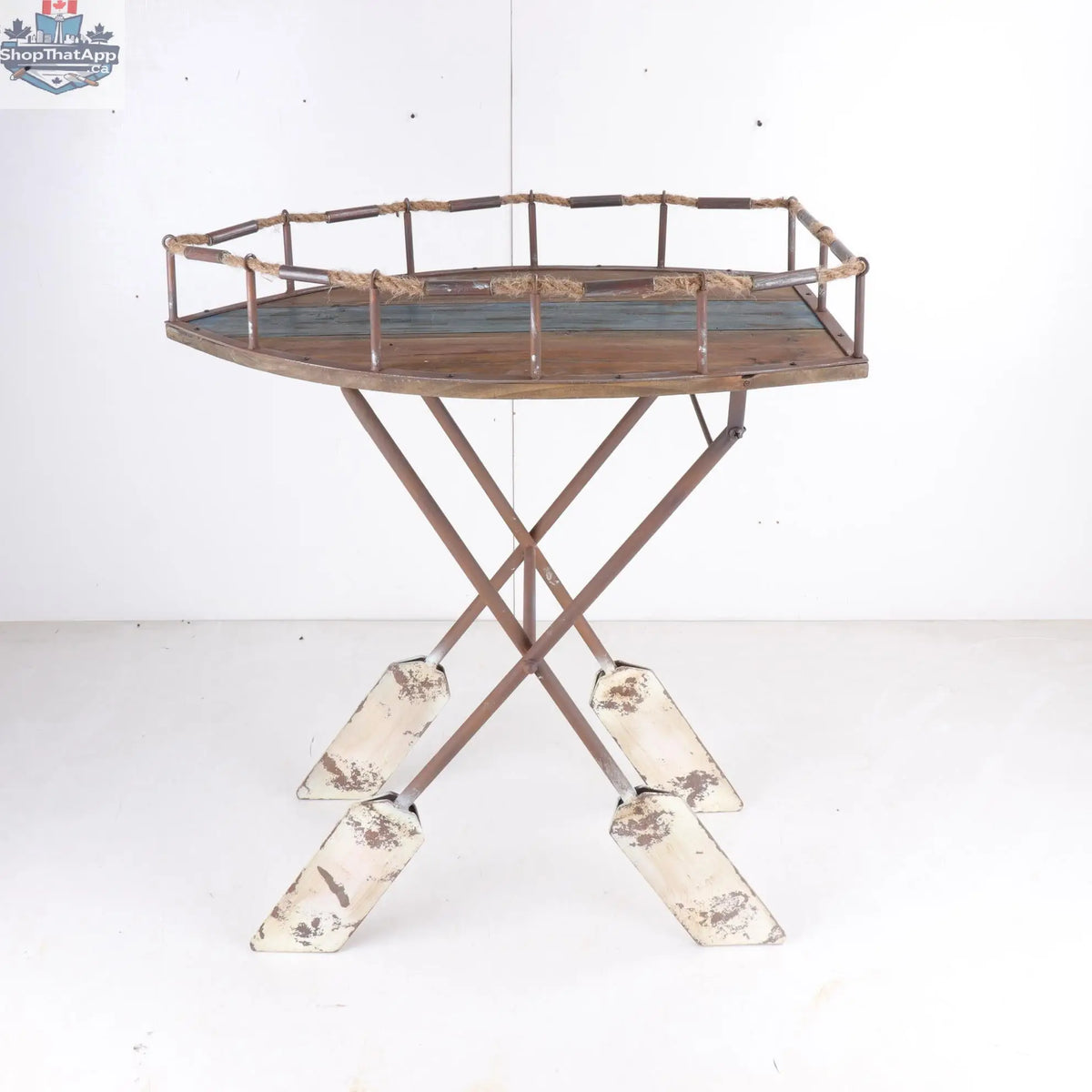 Rusty wood Boat shaped console table - Shopthatapp.ca