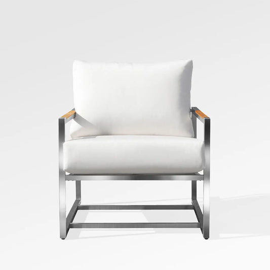 Enclover Acacia outdoor club chair with white Sunbrella cushions, stylish and comfortable for elegant outdoor relaxation.