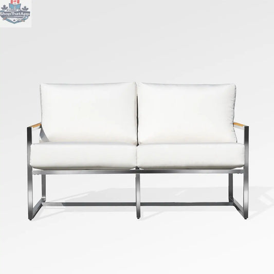 Enclover Acacia loveseat with white Sunbrella cushions, durable design, and comfortable seating for outdoor spaces.