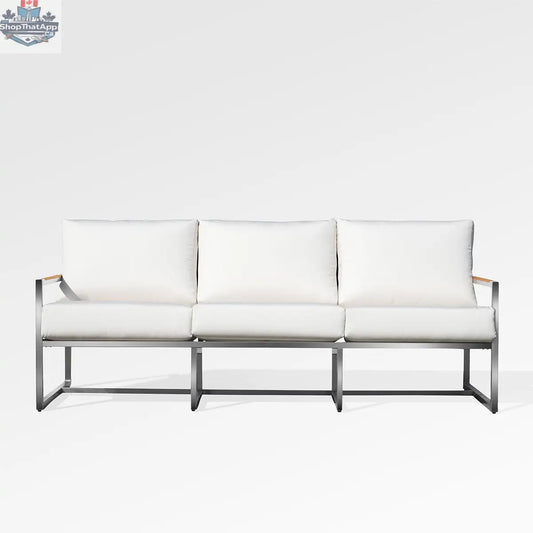 Enclover Acacia outdoor sofa with Sunbrella white canvas cushions, stylish and comfortable for outdoor lounging and relaxation.