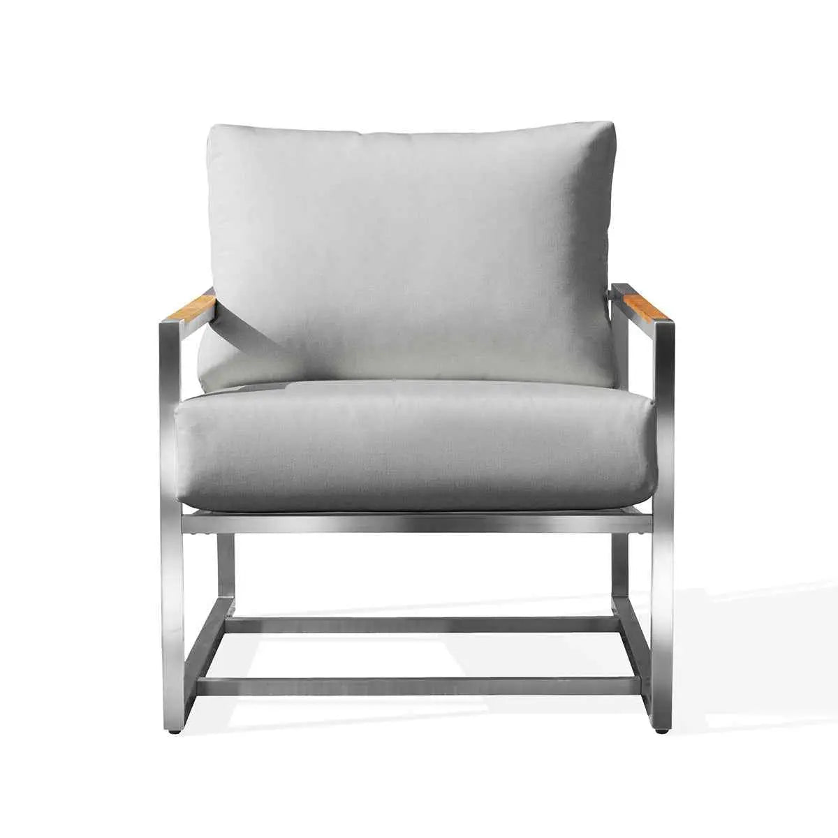 Krikacy acacia club chair with stainless steel teak wood frame, granite cushions, and Sunbrella canvas for outdoor comfort and style.