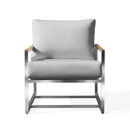 Krikacy acacia club chair with stainless steel teak wood frame, granite cushions, and Sunbrella canvas for outdoor comfort and style.