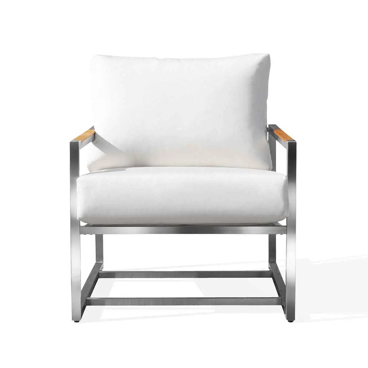 Krikacy Acacia club chair with stainless steel teak wood frame, Sunbrella canvas white cushions, ideal for outdoor comfort and style.