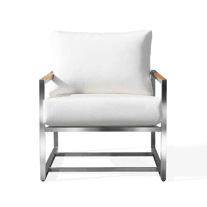 Krikacy Acacia club chair with stainless steel teak wood frame, Sunbrella canvas white cushions, ideal for outdoor comfort and style.