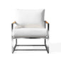 Krikacy Acacia club chair with stainless steel teak wood frame, Sunbrella canvas white cushions, ideal for outdoor comfort and style.