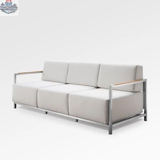 Enclover Acacia Lux sofa with Sunbrella® cushions in cast silver, showcasing a stylish outdoor sofa with plush cushions