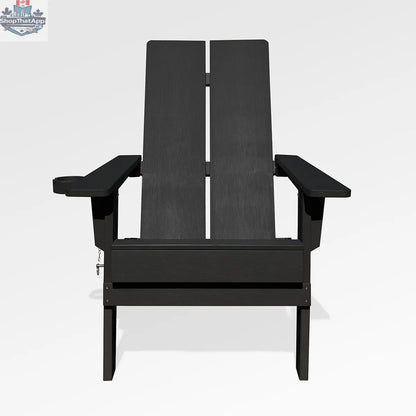 Black Enclover modern Adirondack folding chair with stylish 2-panel design, offering comfortable outdoor seating.