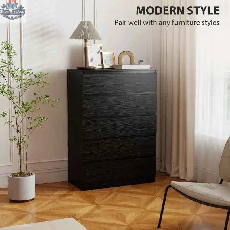 Black Ali chest of drawers with five spacious drawers, ideal for bedroom or closet storage by SLOTH Nation.