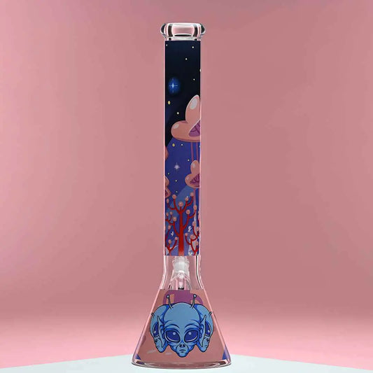 Castle Glassworks 18-inch alien-themed beaker bong made of 9mm thick glass with a pink background.