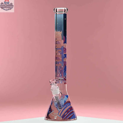 18-inch Alien beaker bong by Castle Glassworks with 9mm thick glass and alien design, set against a pink background.
