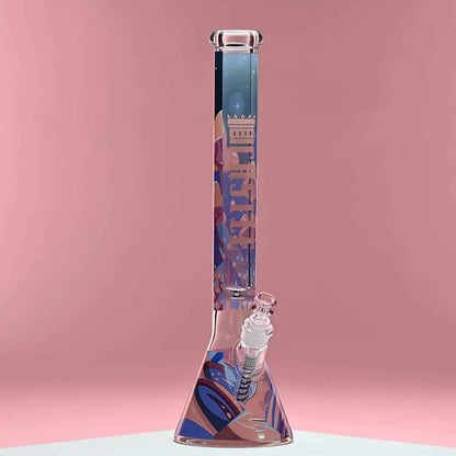 18-inch Alien Bong by Castle Glassworks, beaker-style with 9mm thick glass, featuring an alien design on a pink background.