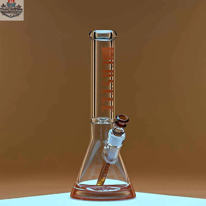 14-inch Castle Glassworks beaker bong with amber logo and colorful background, featuring a 9mm beaker shape and 9-hole downstem.