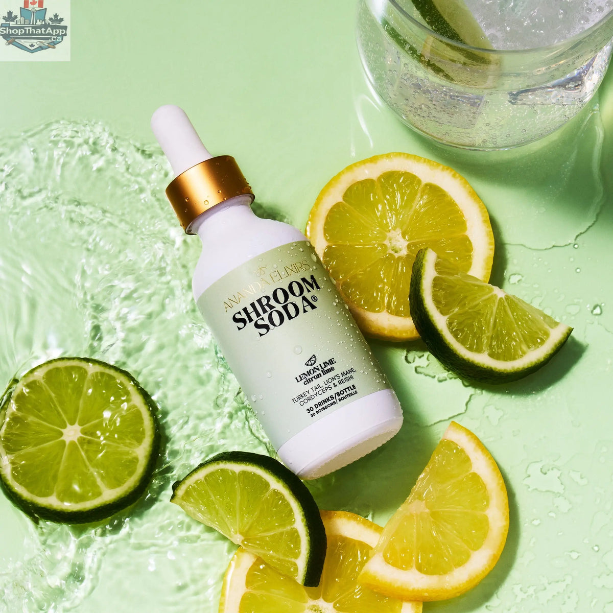 Bottle of Shroom Soda® tincture by Ananda Elixirs with dropper cap, displayed on a wooden surface.