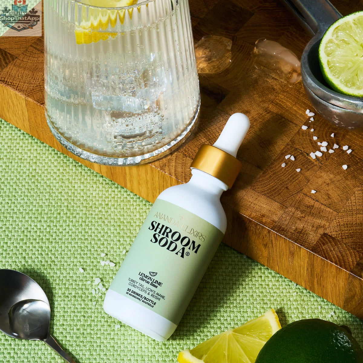 Bottle of Shroom Soda® tincture by Ananda Elixirs with a dropper bottle and herbal labeling visible.