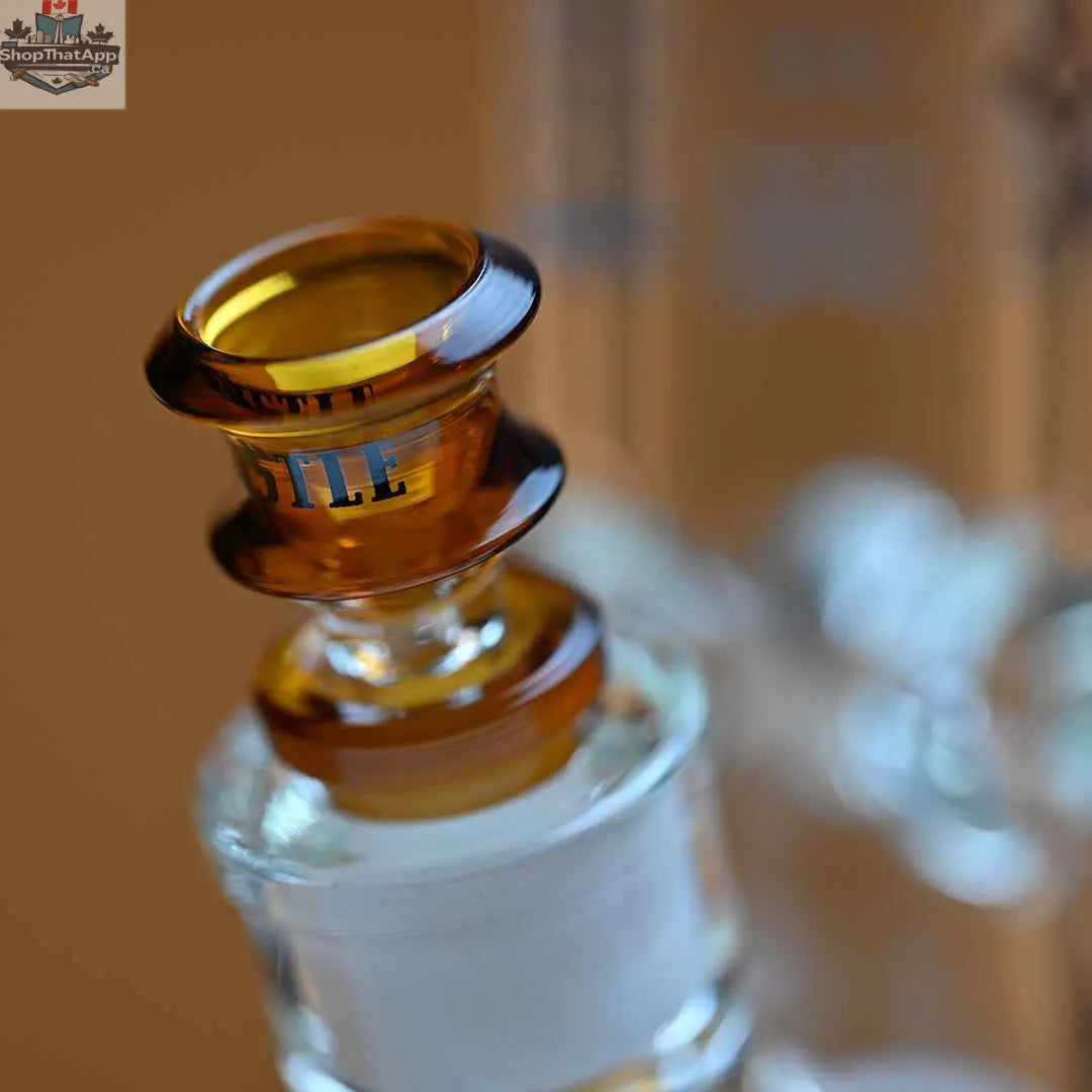 Castle Glassworks 18-inch Anubis beaker bong with 9mm thick glass, close-up view showing detailed design and clear glass construction.