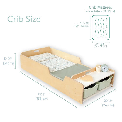 Apple Montessori floor crib with rails and shelves for toddlers, featuring a safe sleep design and easy access from Sapiens Child.