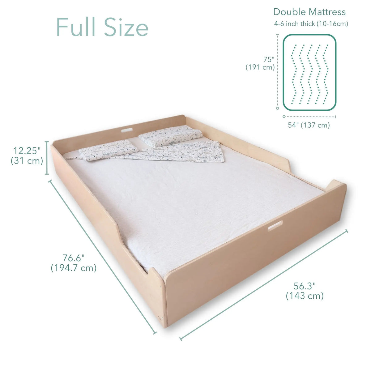 Sapiens Child Montessori Apple Full toddler floor bed with natural wood finish, sturdy furniture for young children, no shelves visible.