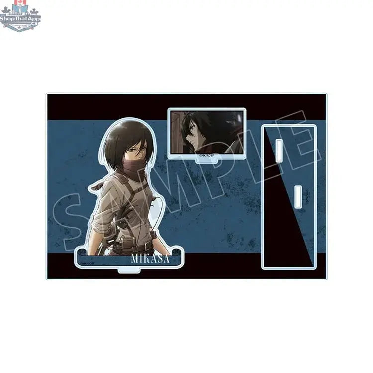 Attack on Titan Mikasa acrylic stand collectible by Doki Doki Land, featuring a large Mikasa figure with a partial view.