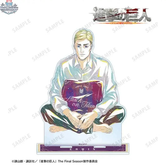 Attack on Titan Erwin acrylic stand featuring a new illustration in a big relax pose, collectible anime merchandise by Doki Doki Land.