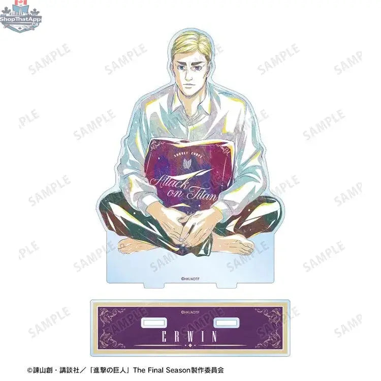 Attack on Titan Erwin acrylic stand from Doki Doki Land, featuring new illustration in a relaxed pose, collectible anime merchandise.