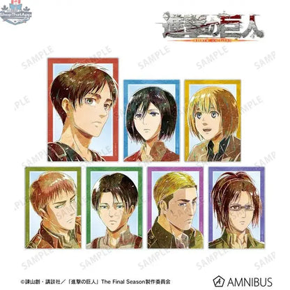 Attack on Titan acrylic trading card from Ani-Art Vol. 2 by Doki Doki Land, featuring new illustration of anime characters.