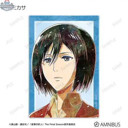 Doki Doki Land Attack on Titan acrylic trading card featuring new illustration from Ani-Art Vol.2, depicting anime characters in relaxed pose