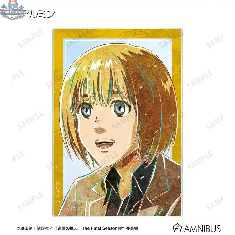Attack on Titan acrylic trading card from Doki Doki Land's Ani-Art Vol.2, featuring a new illustration of anime characters.
