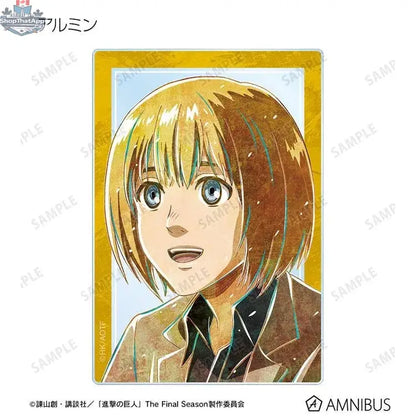 Attack on Titan acrylic trading card from Doki Doki Land's Ani-Art Vol.2, featuring a new illustration of anime characters.
