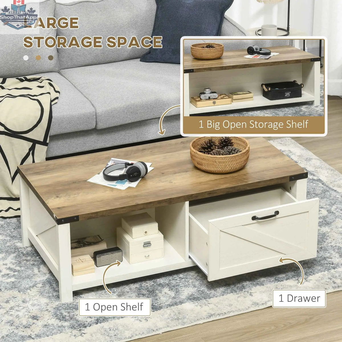 SLOTH Nation Lowen farmhouse coffee table with wooden finish, featuring a sturdy rectangular design for living room use.