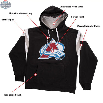 Calhoun Surf N' Skate Colorado Avalanche varsity-style hoodie with retro lettering and team logo, close-up detail shot.