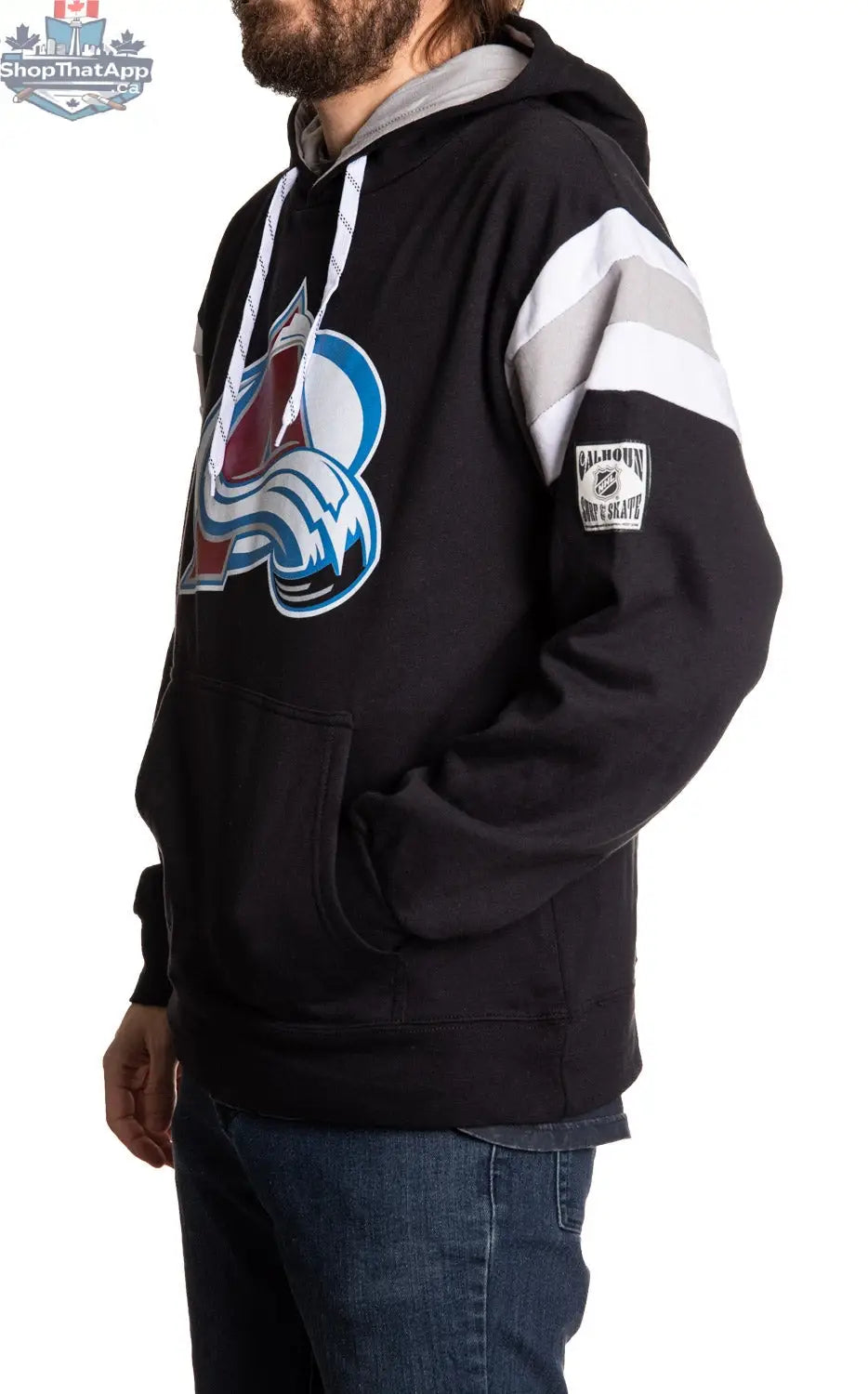 Calhoun Surf N' Skate Colorado Avalanche varsity-style hoodie showing side view with team logo and retro athletic design.