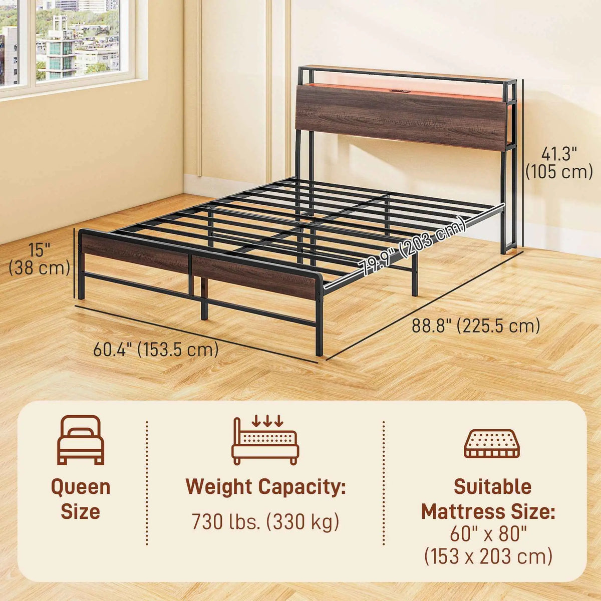 SLOTH Nation Logan queen size bed frame with integrated LED lights, featuring a modern design and sturdy construction.