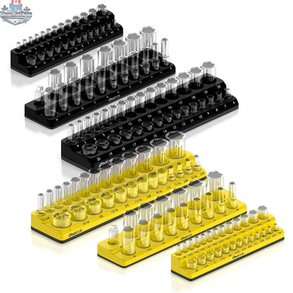Black 2-row magnetic socket holder for 1/2 drive click torque wrenches, organized with SAE and metric sockets, by Olsa Tools Canada.