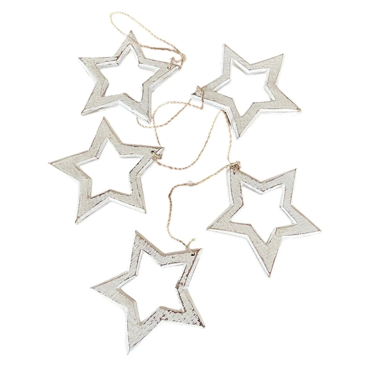 Hanging wooden star decor string by Suzie Blue Canada featuring open wooden stars for stylish home decoration.