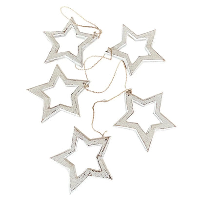 Hanging wooden star decor string by Suzie Blue Canada featuring open wooden stars for stylish home decoration.