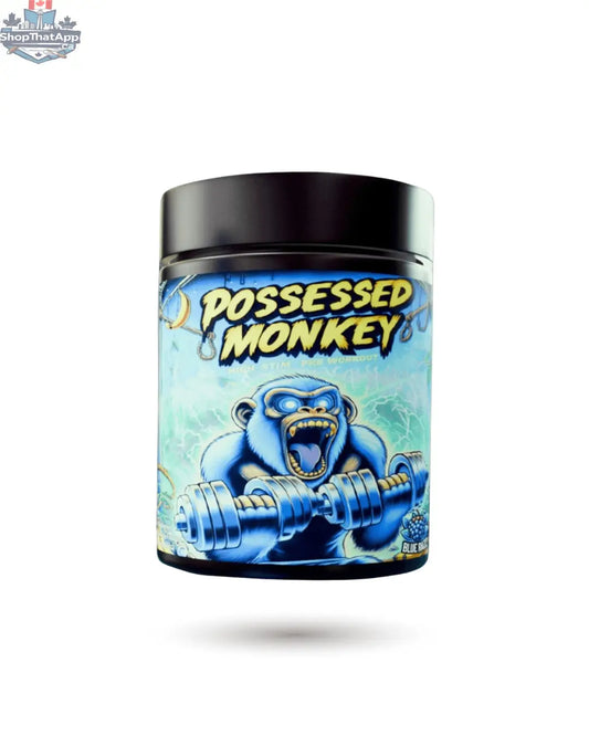 BulkBully Supplements So Sick! Possessed Monkey Blue Razz pre-workout powder in a container with blue and purple labeling.