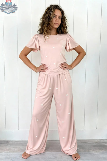 Heartfull PJ Blush Heart Pajamas - Silky Printed 2PC Pajama Set in Blush Hearts - Shopthatapp.ca