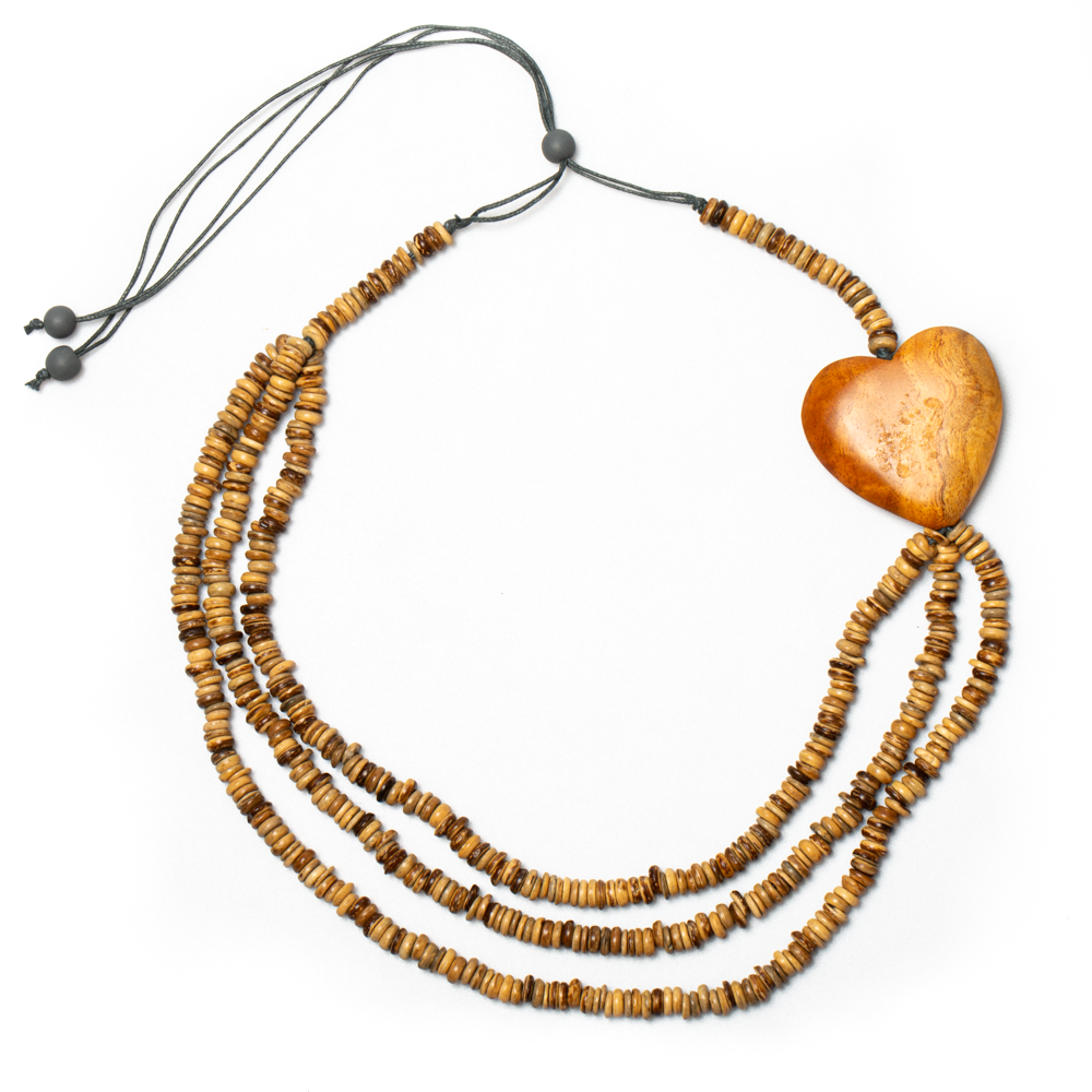 Triple Strand Coconut Bead Necklace with Wooden Heart Accent - Shopthatapp.ca