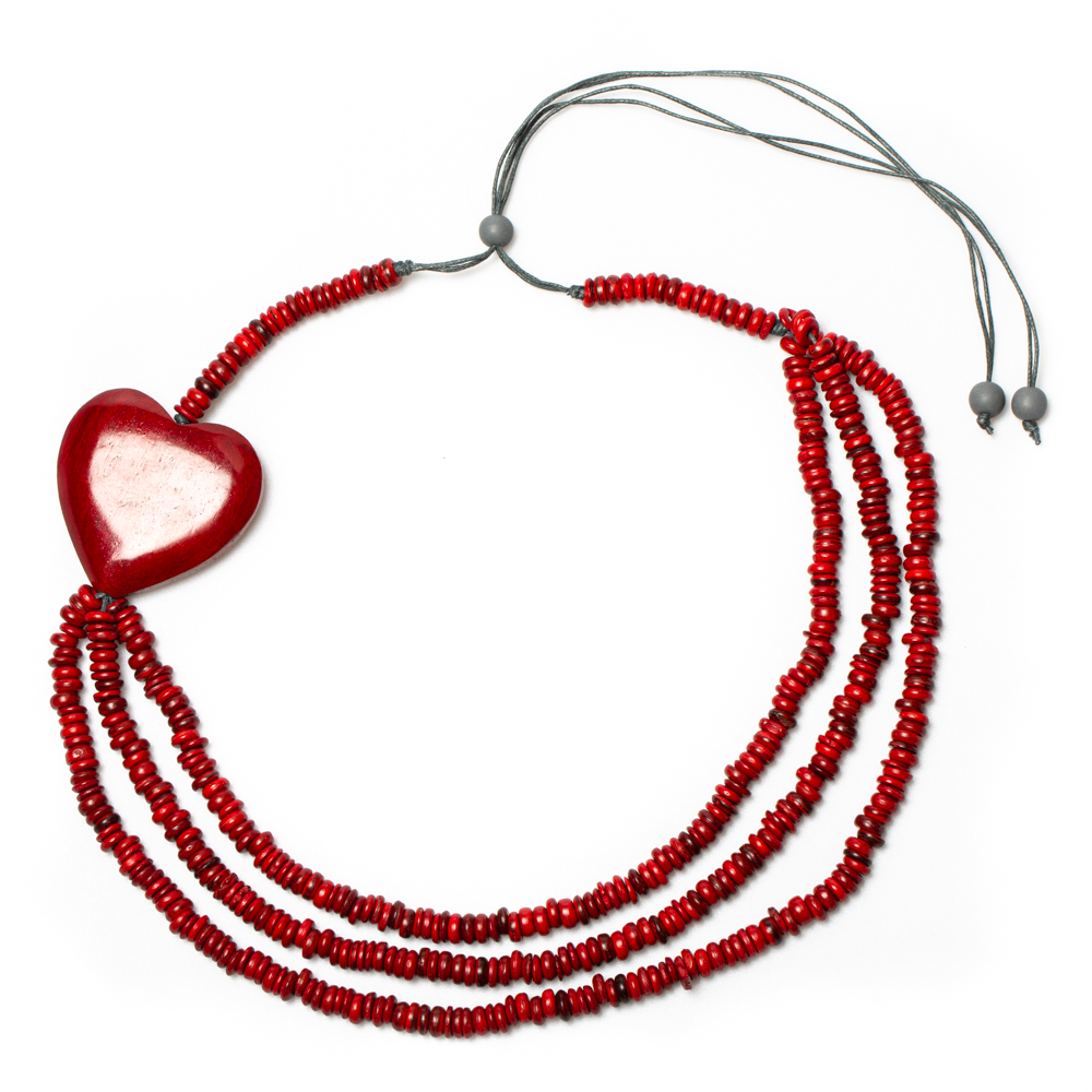 Triple Strand Coconut Bead Necklace with Wooden Heart Accent - Shopthatapp.ca