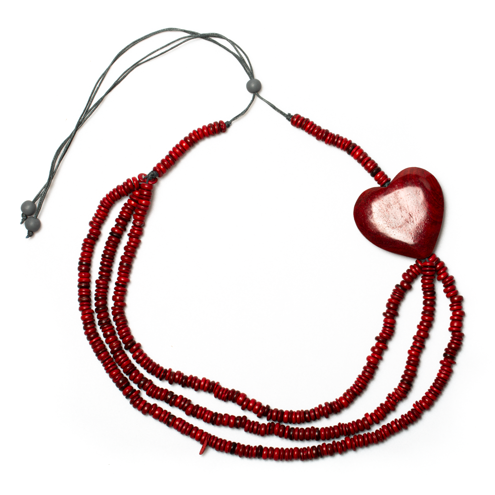 Triple Strand Coconut Bead Necklace with Wooden Heart Accent - Shopthatapp.ca