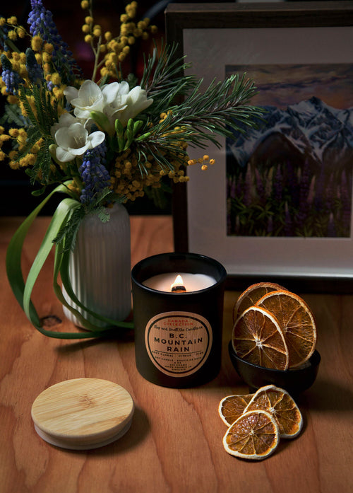 BC Mountain Rain:  wood wick soy candle 8oz - Shopthatapp.ca