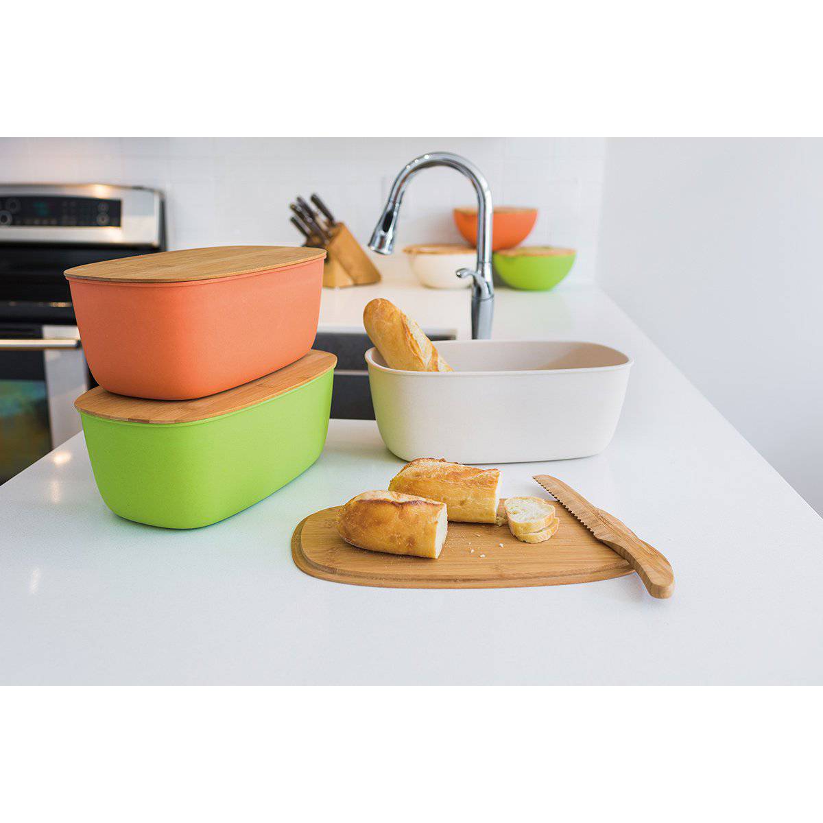 Large Bamboo Bread Box with Cutting Board (White) - Reversible Bamboo-Wood Lid, Durable Bamboo Fiber Bin