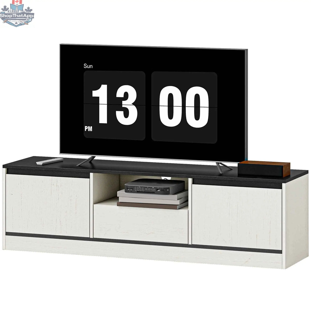 White Palmer TV stand for 55-65 inch TVs by SLOTH Nation, modern living room furniture with sleek design and ample storage space.